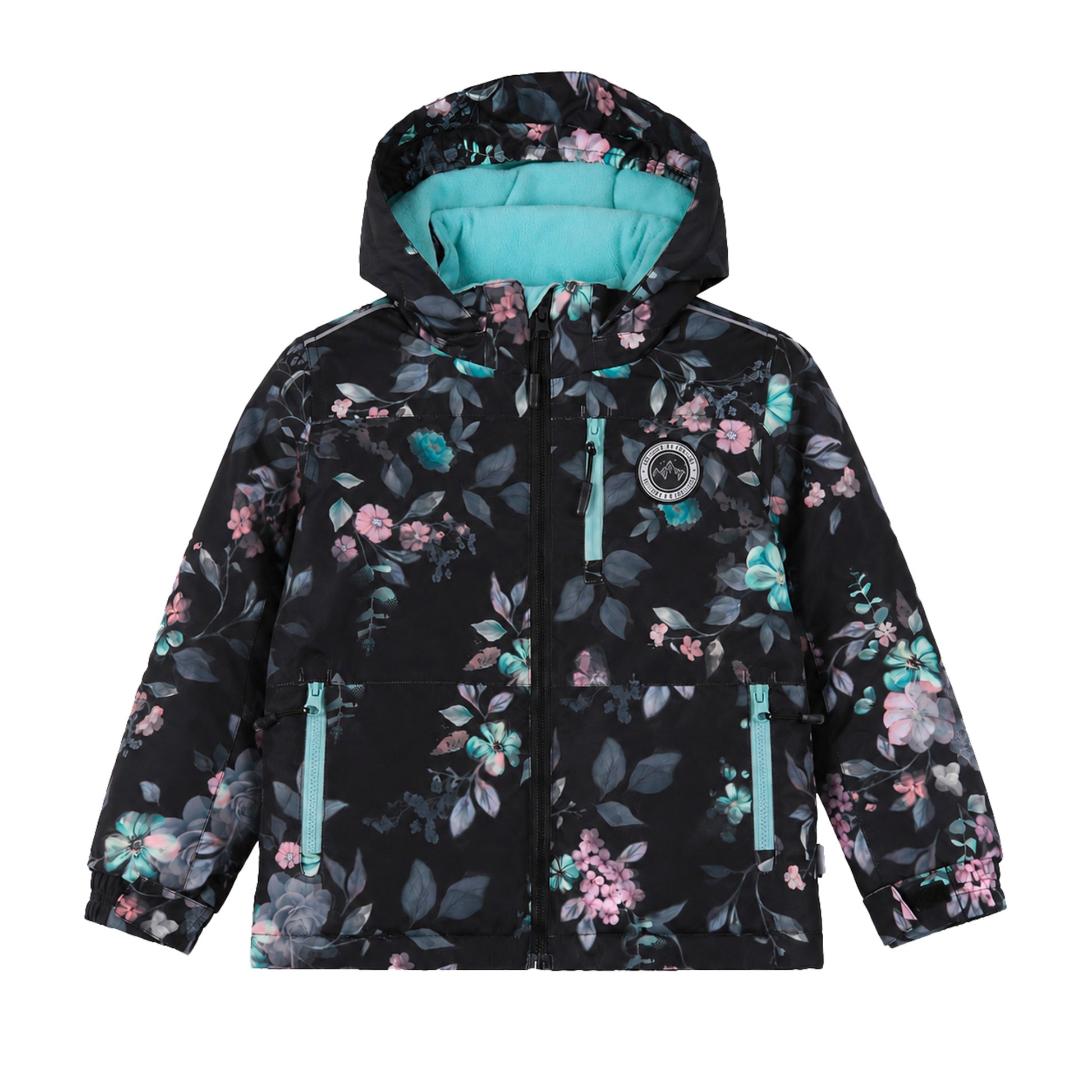 Habit de neige - Peluche & Tartine enfant fille noir à motifs floraux roses et bleus, intérieur turquoise, vue de face avec capuche.