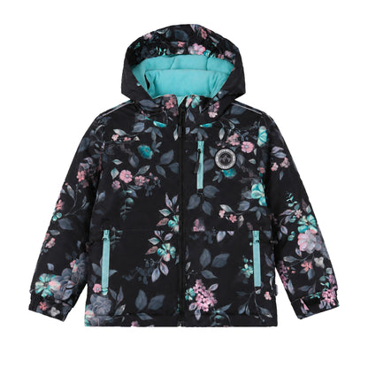 Habit de neige - Peluche & Tartine enfant fille noir à motifs floraux roses et bleus, intérieur turquoise, vue de face avec capuche.