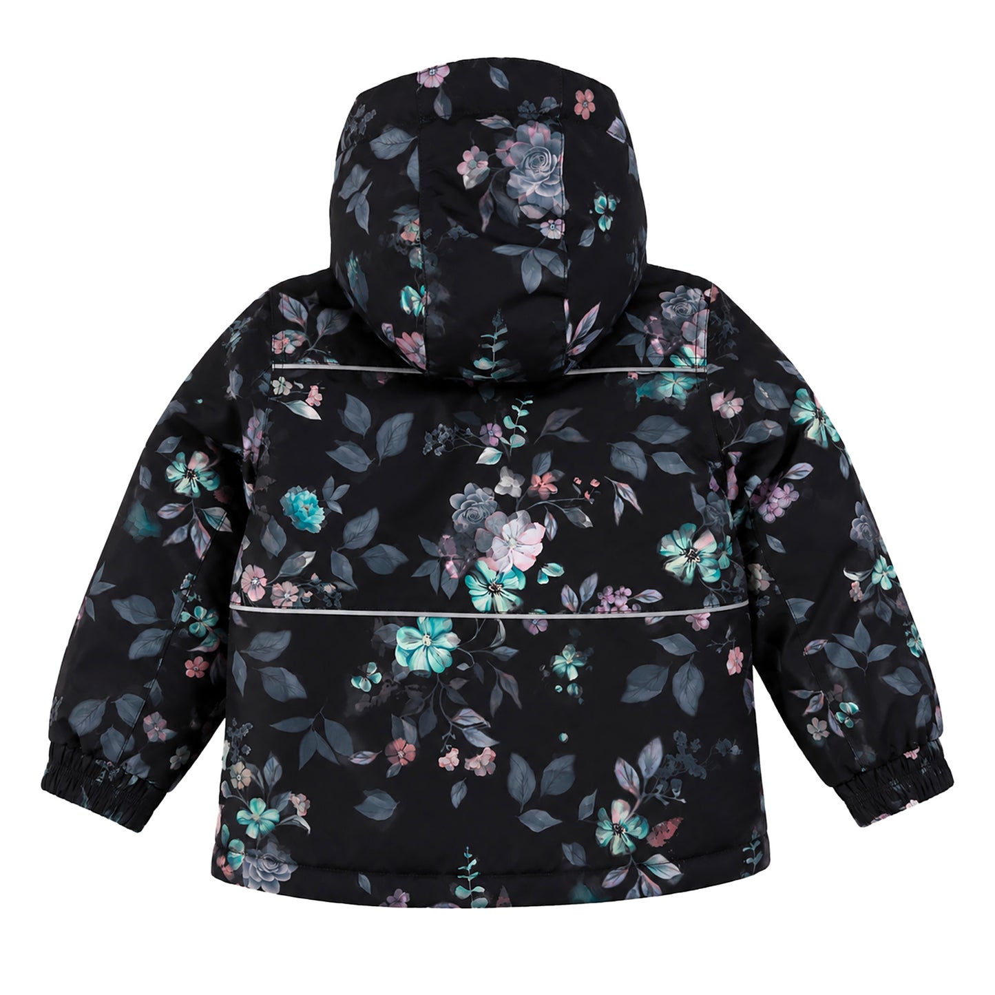 Habit de neige - Peluche & Tartine noir avec imprimé floral coloré, veste enfant fille, vue de dos avec capuche et manches élastiques.