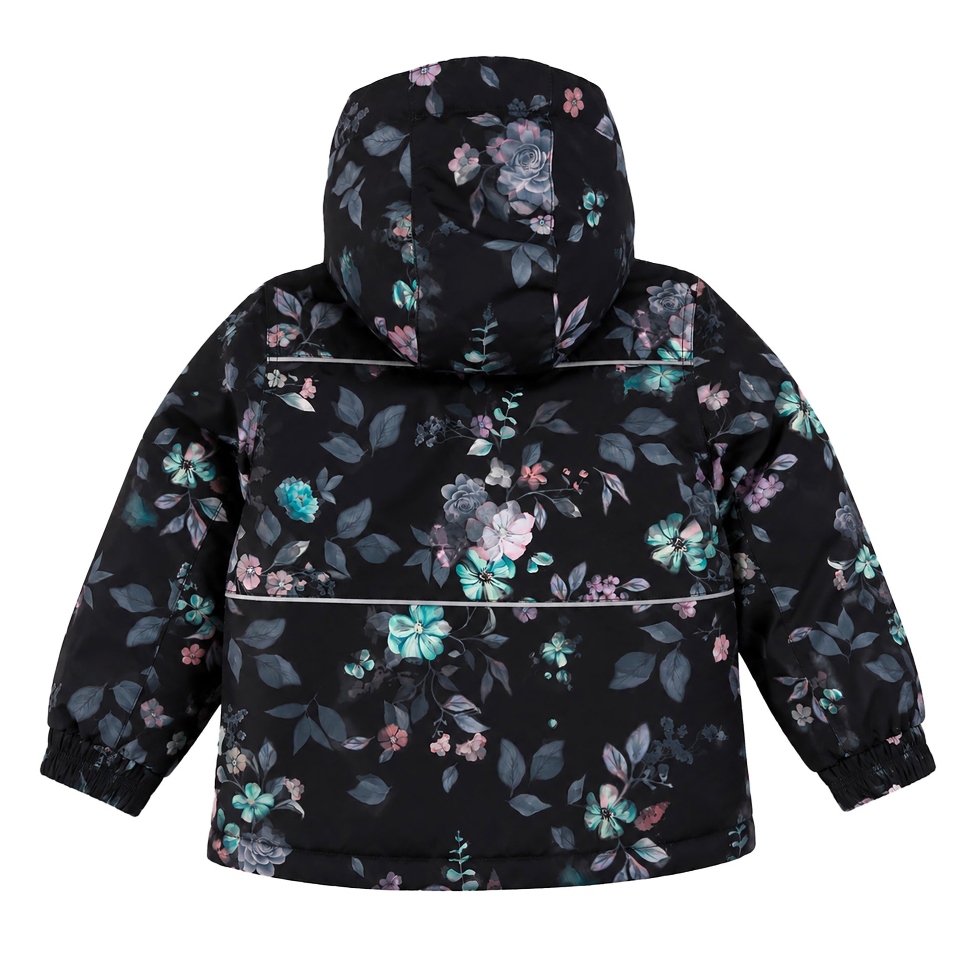 Habit de neige - Peluche & Tartine noir avec imprimé floral coloré, veste enfant fille, vue de dos avec capuche et manches élastiques.
