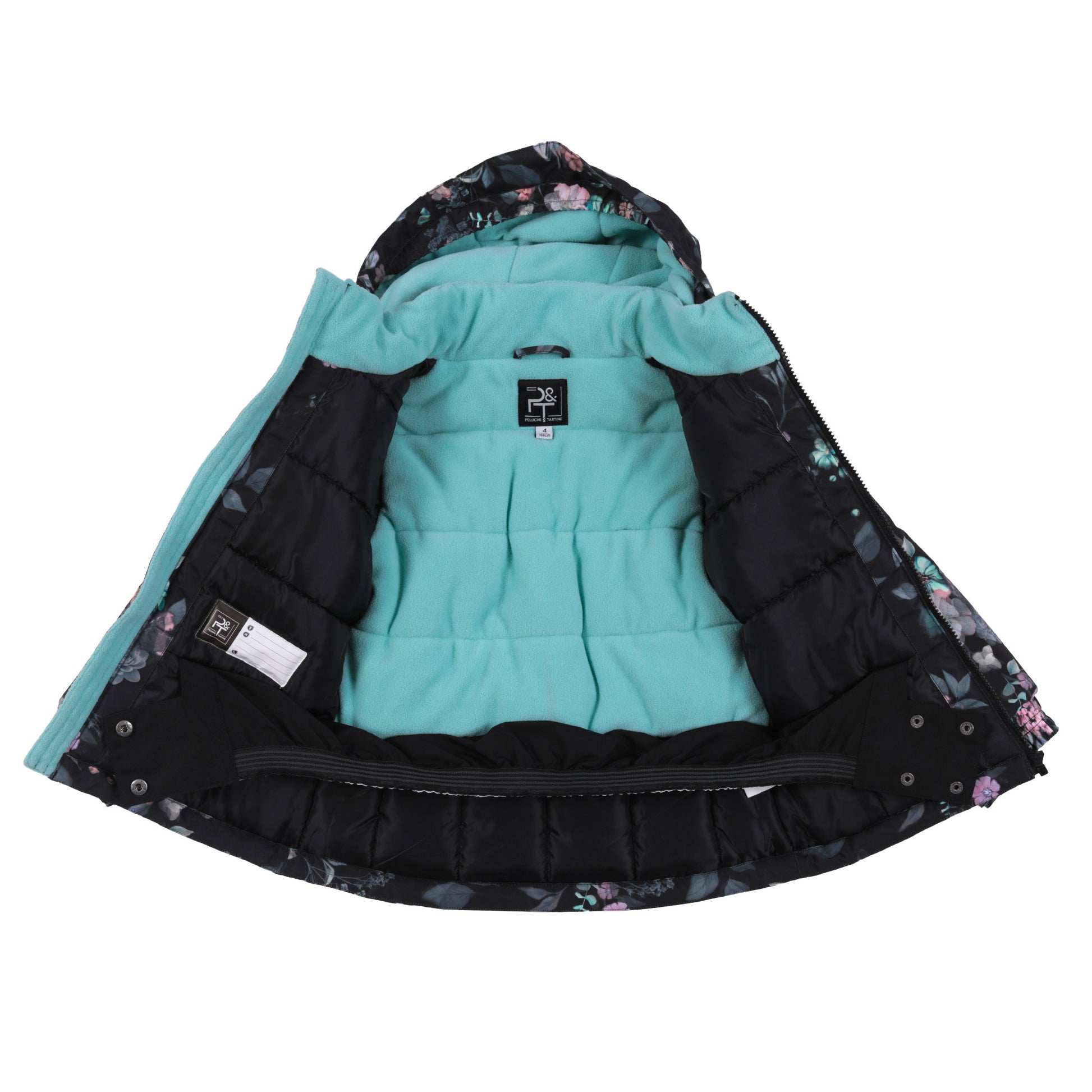 Habit de neige - Peluche & Tartine doublure turquoise et noire avec motifs floraux roses et verts, vue intérieure détaillée pour enfant, style chaud et rembourré.