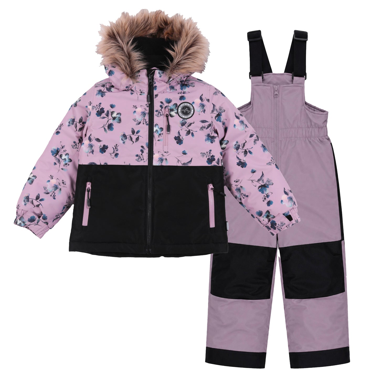 Habit de neige - Peluche & Tartine pour enfant fille, combinaison et veste roses à motifs floraux bleus, capuche imitation fourrure, vue de face sur fond blanc.
