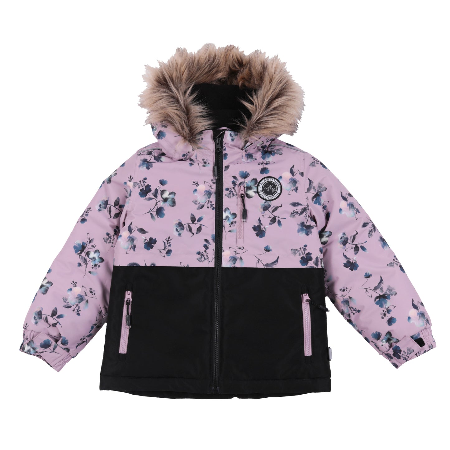 Habit de neige - Peluche & Tartine pour enfant, imprimé fleurs bleues sur fond rose, bas noir, capuche à fausse fourrure, vue de face.