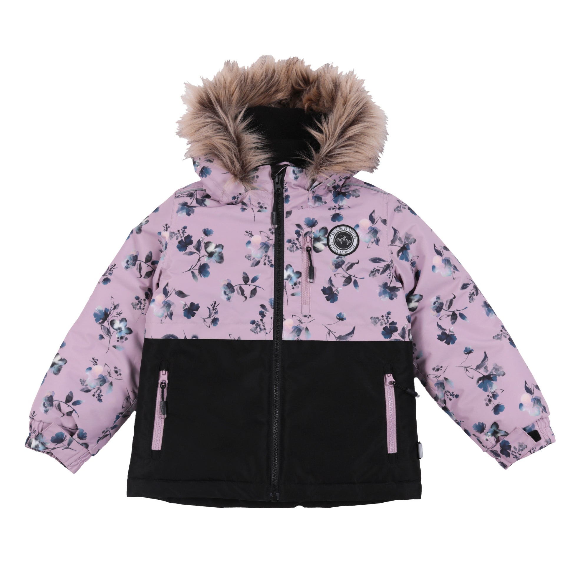 Habit de neige - Peluche & Tartine pour enfant, imprimé fleurs bleues sur fond rose, bas noir, capuche à fausse fourrure, vue de face.