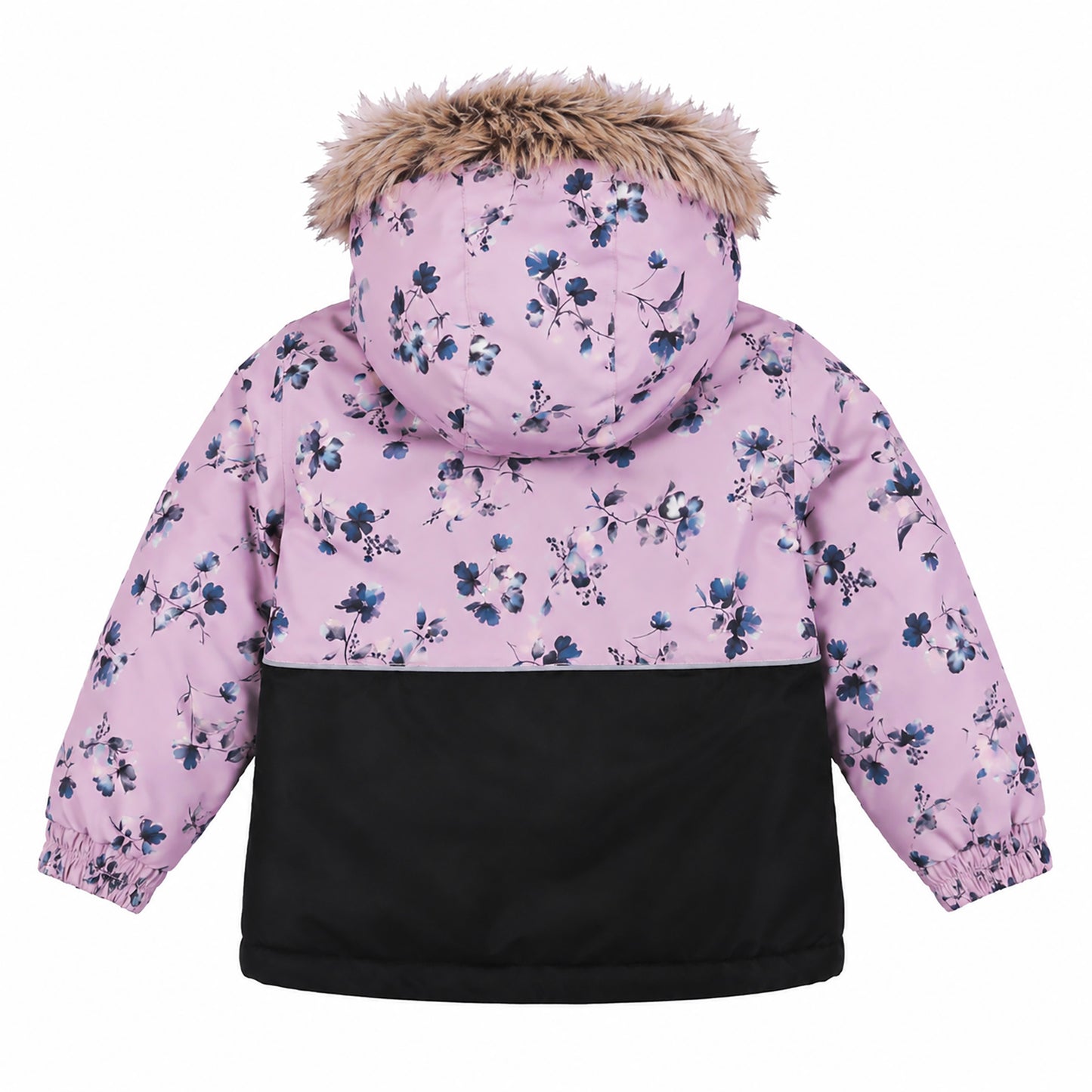 Habit de neige - Peluche & Tartine pour enfant fille, veste à capuche avec fourrure, motif floral bleu sur fond rose et partie noire, vue de dos.