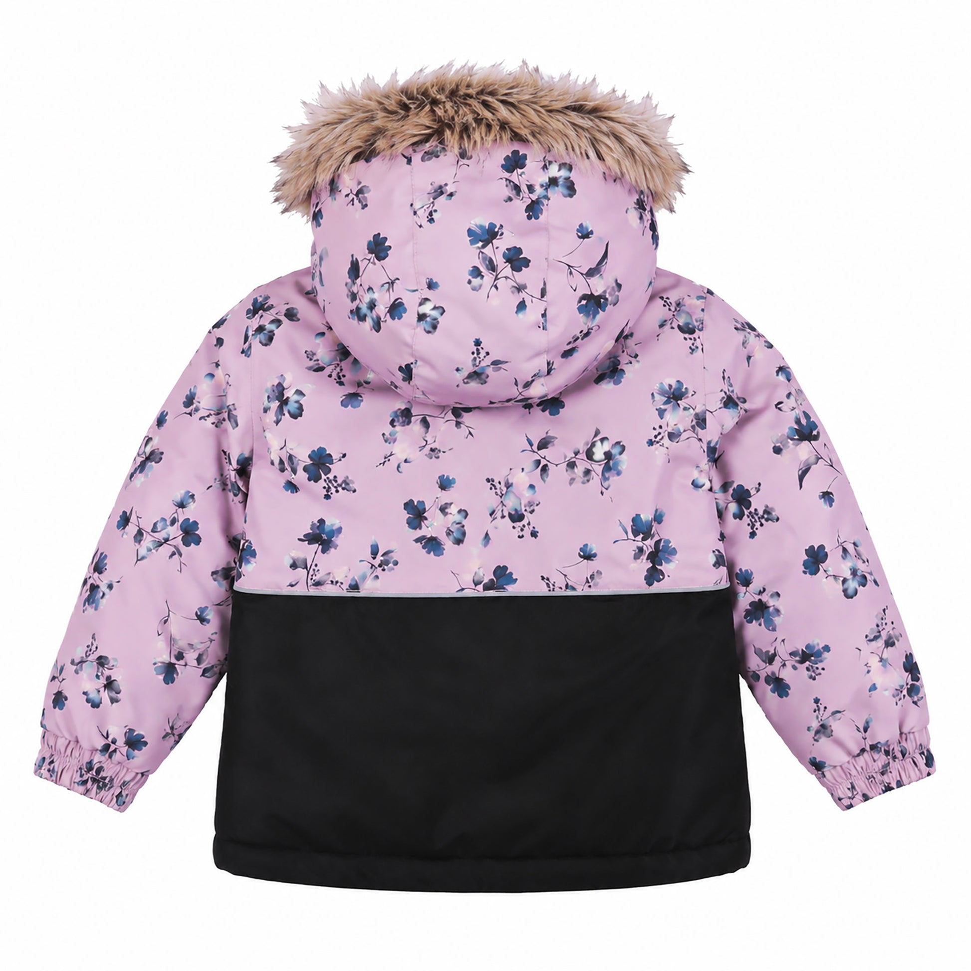 Habit de neige - Peluche & Tartine pour enfant fille, veste à capuche avec fourrure, motif floral bleu sur fond rose et partie noire, vue de dos.