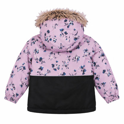 Habit de neige - Peluche & Tartine pour enfant fille, veste à capuche avec fourrure, motif floral bleu sur fond rose et partie noire, vue de dos.