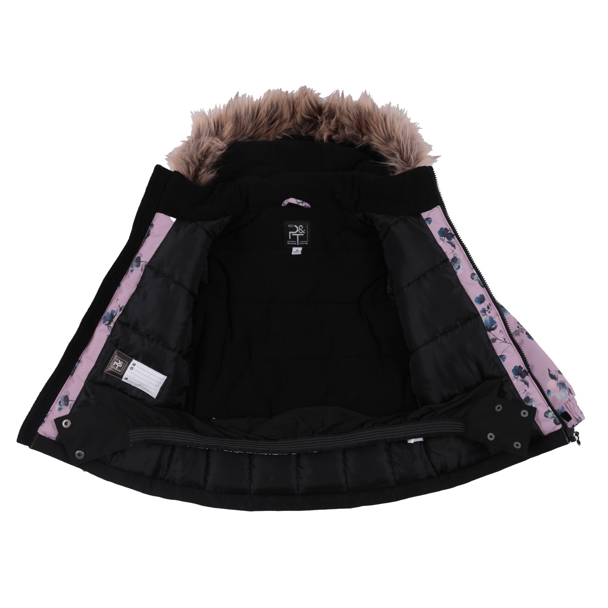 Habit de neige - Peluche & Tartine rose et noire avec doublure intérieure noire, capuche bordée de fausse fourrure marron, vue intérieure ouverte pour enfant.