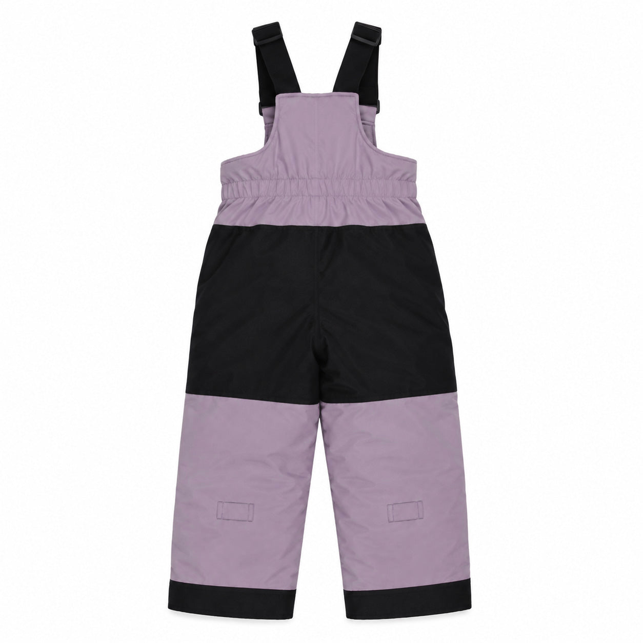 Habit de neige - Peluche & Tartine pour enfant, salopette bicolore mauve et noire, tissu imperméable, vue de dos.