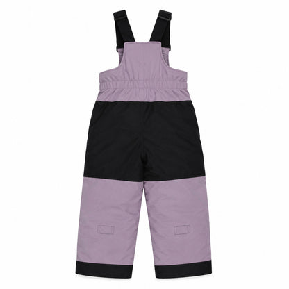 Habit de neige - Peluche & Tartine pour enfant, salopette bicolore mauve et noire, tissu imperméable, vue de dos.