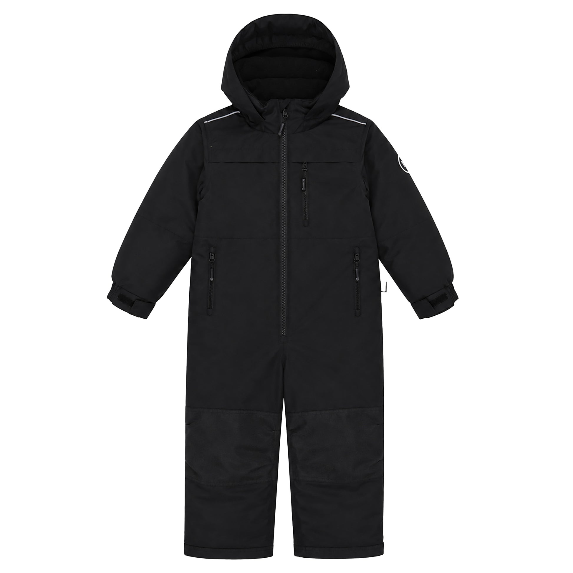 Habit de neige 1 Pièce - Peluche & Tartine (Copie) noir en textile imperméable, pour enfant, combinaison une pièce avec capuche, vue de face.