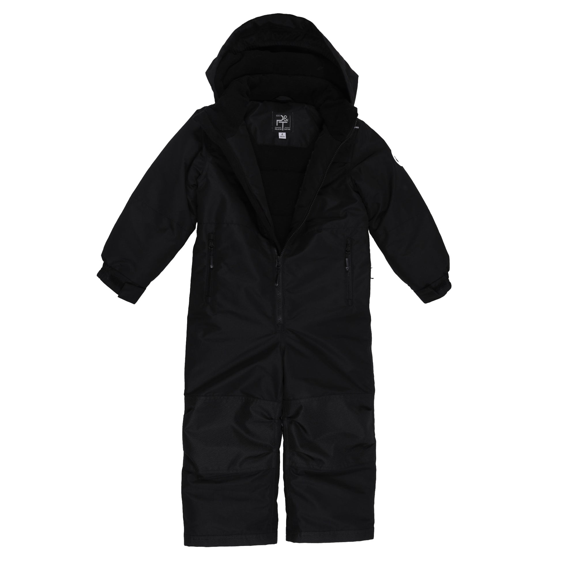 Habit de neige 1 Pièce - Peluche & Tartine (Copie) noir, combinaison une pièce chaude avec capuche, pour enfant, vue de face.