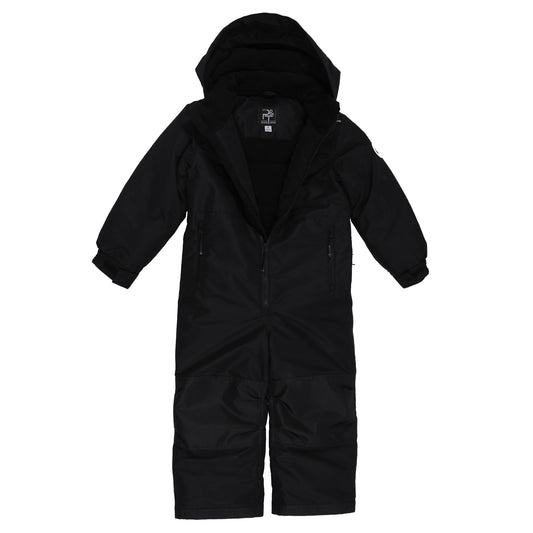 Habit de neige 1 Pièce - Peluche & Tartine (Copie) noir, combinaison une pièce chaude avec capuche, pour enfant, vue de face.