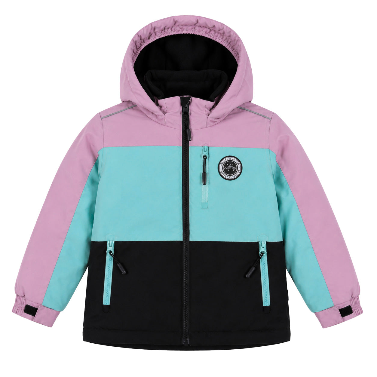 Habit de neige - Peluche & Tartine à capuche, couleurs rose, turquoise et noir, pour enfant, vue de face avec fermeture zippée et poches avant.