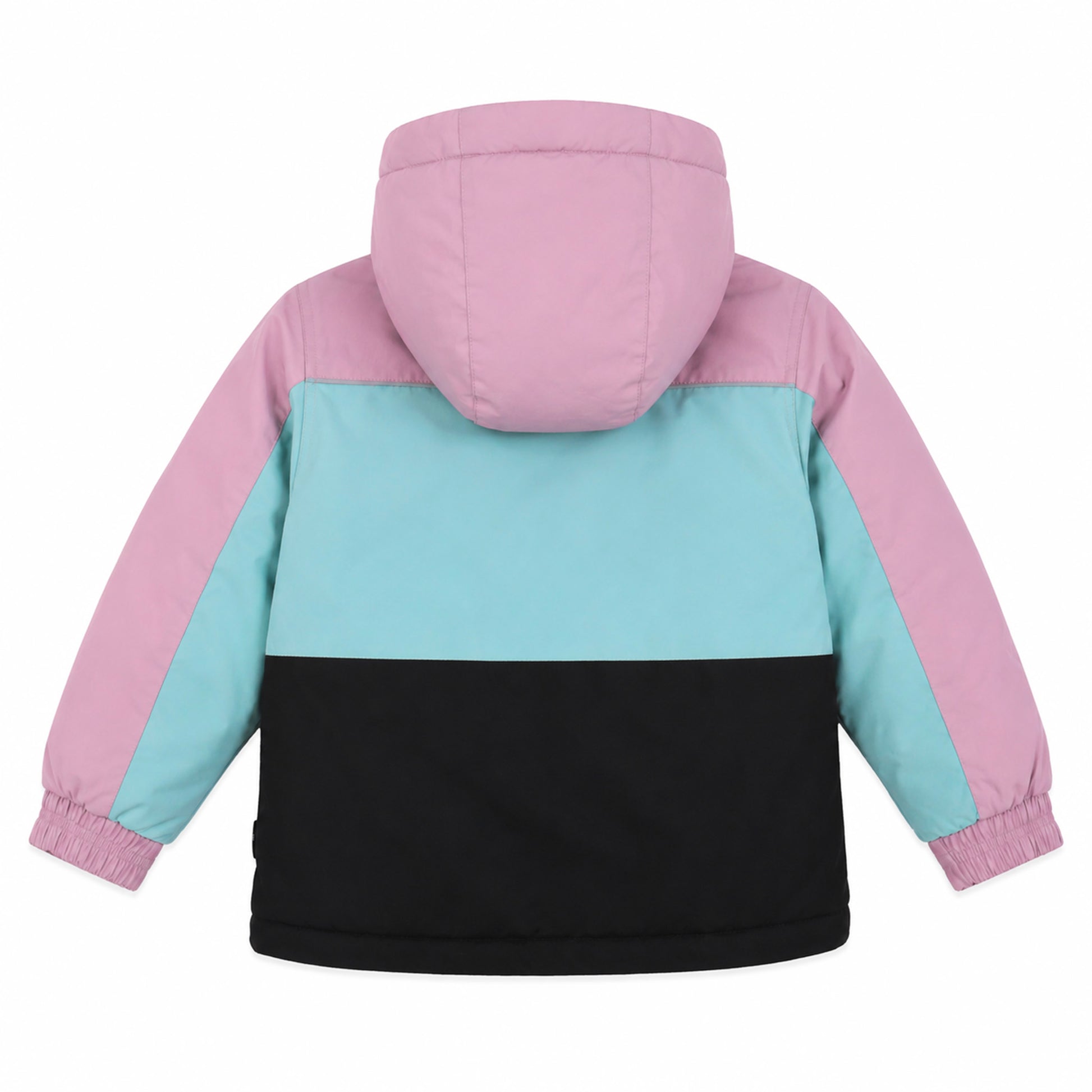 Habit de neige - Peluche & Tartine tricolore rose, bleu clair et noir, en tissu imperméable, pour enfant, vue de dos avec capuche.