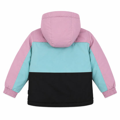 Habit de neige - Peluche & Tartine tricolore rose, bleu clair et noir, en tissu imperméable, pour enfant, vue de dos avec capuche.