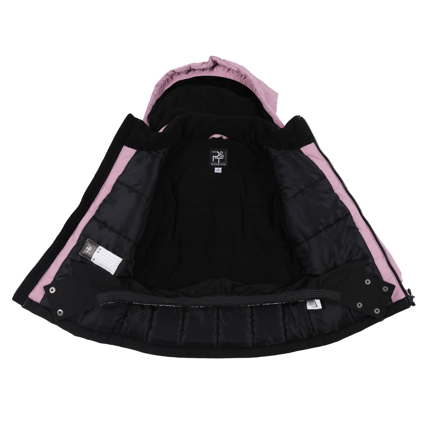 Habit de neige - Peluche & Tartine rose et noir pour enfant, doublure noire intérieure, vue de face ouverte avec capuche intégrée.