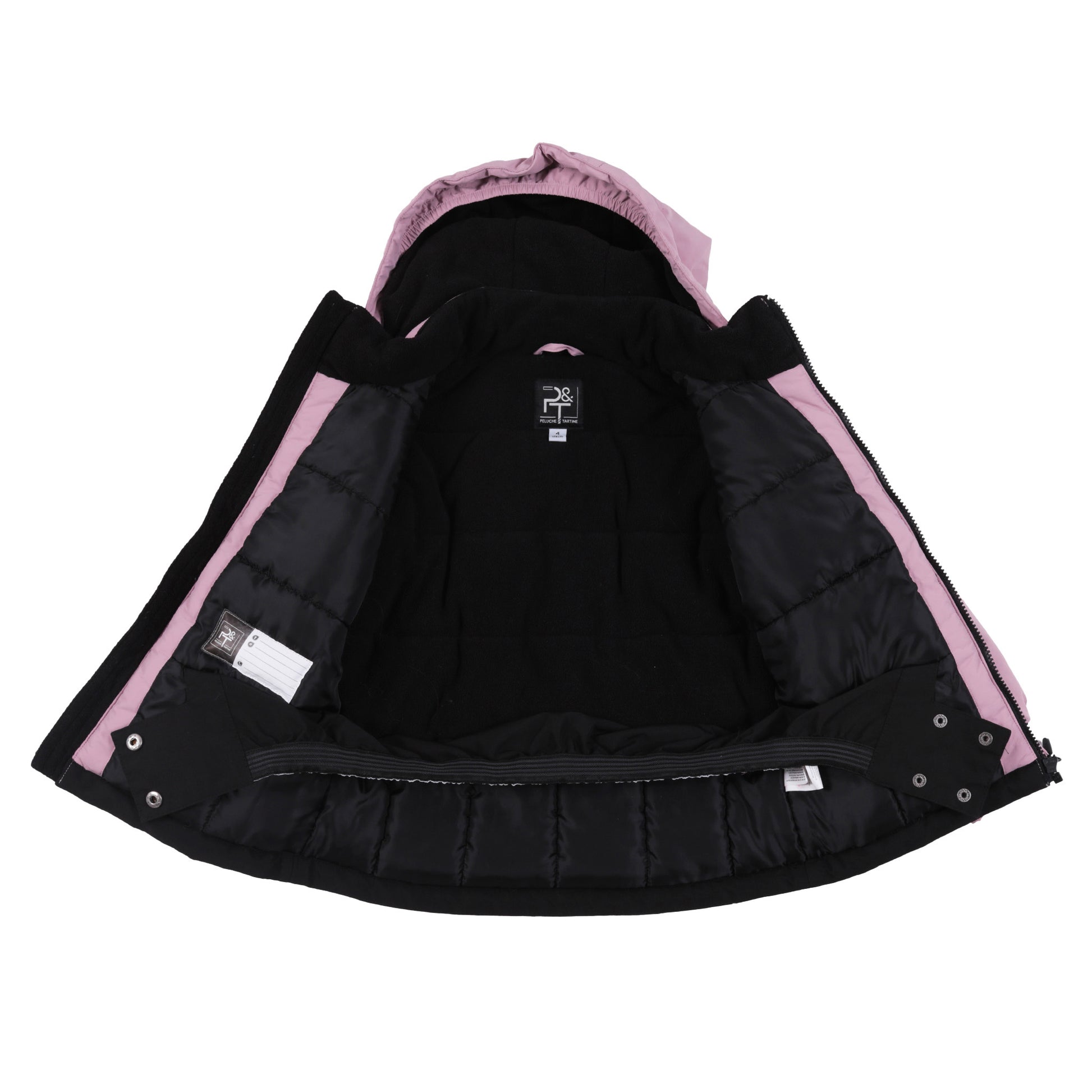 Habit de neige - Peluche & Tartine rose et noir pour enfant, doublure noire intérieure, vue de face ouverte avec capuche intégrée.