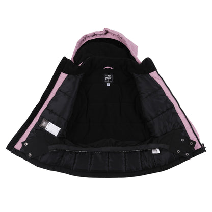 Habit de neige - Peluche & Tartine rose et noir pour enfant, doublure noire intérieure, vue de face ouverte avec capuche intégrée.