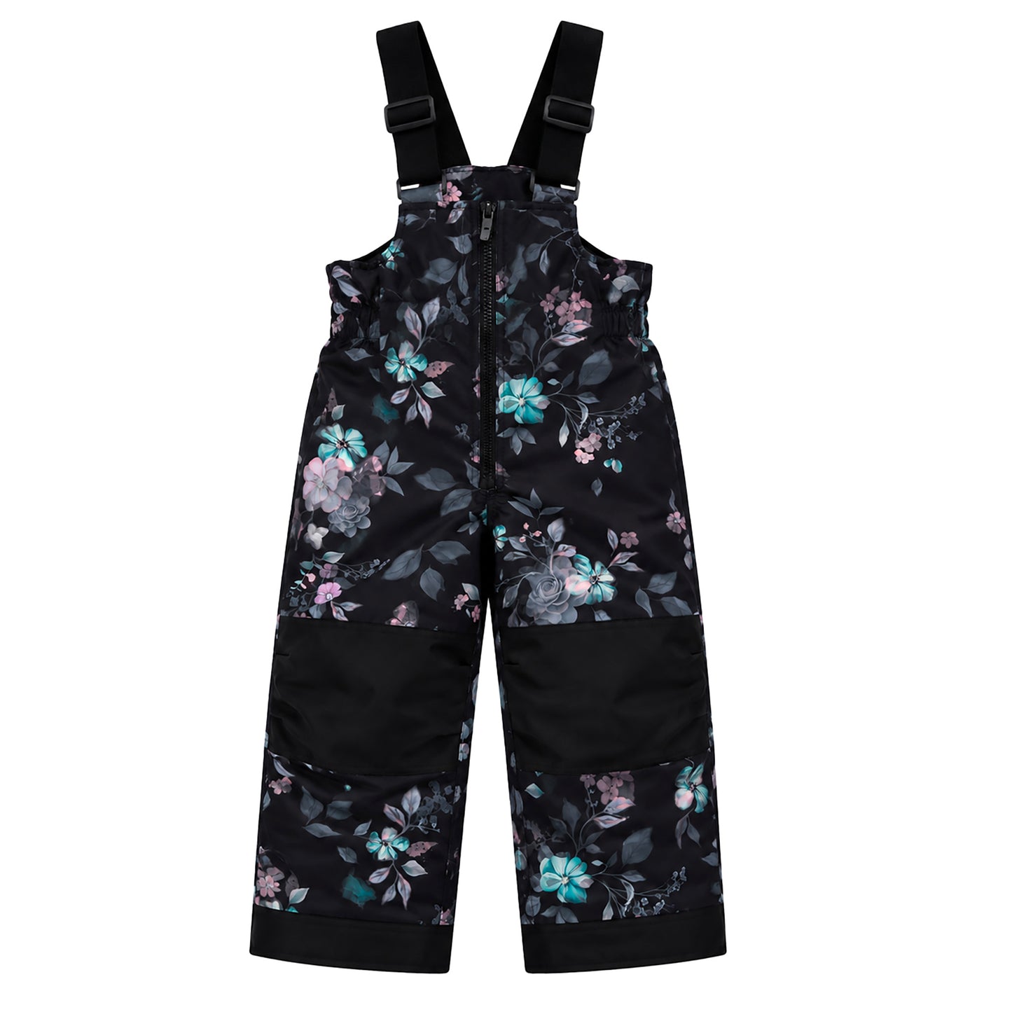 Habit de neige - Peluche & Tartine noir à motifs floraux roses et bleus, pantalon de ski enfant avec bretelles réglables, vue de face.