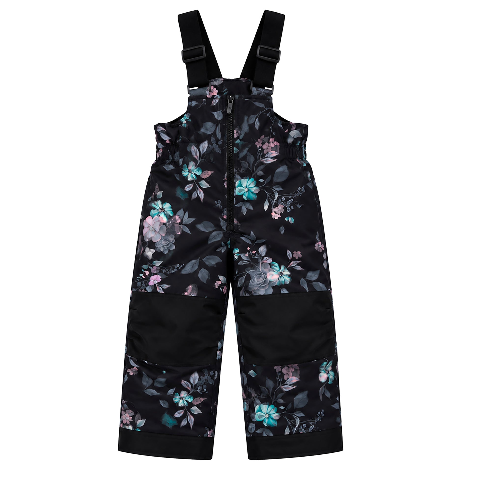 Habit de neige - Peluche & Tartine noir à motifs floraux roses et bleus, pantalon de ski enfant avec bretelles réglables, vue de face.