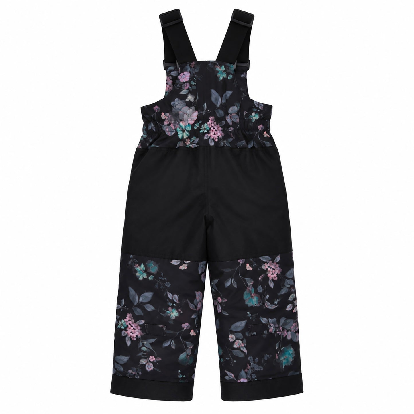 Habit de neige - Peluche & Tartine pantalon de neige noir avec motifs floraux violets et verts, pour enfant, vue de dos.