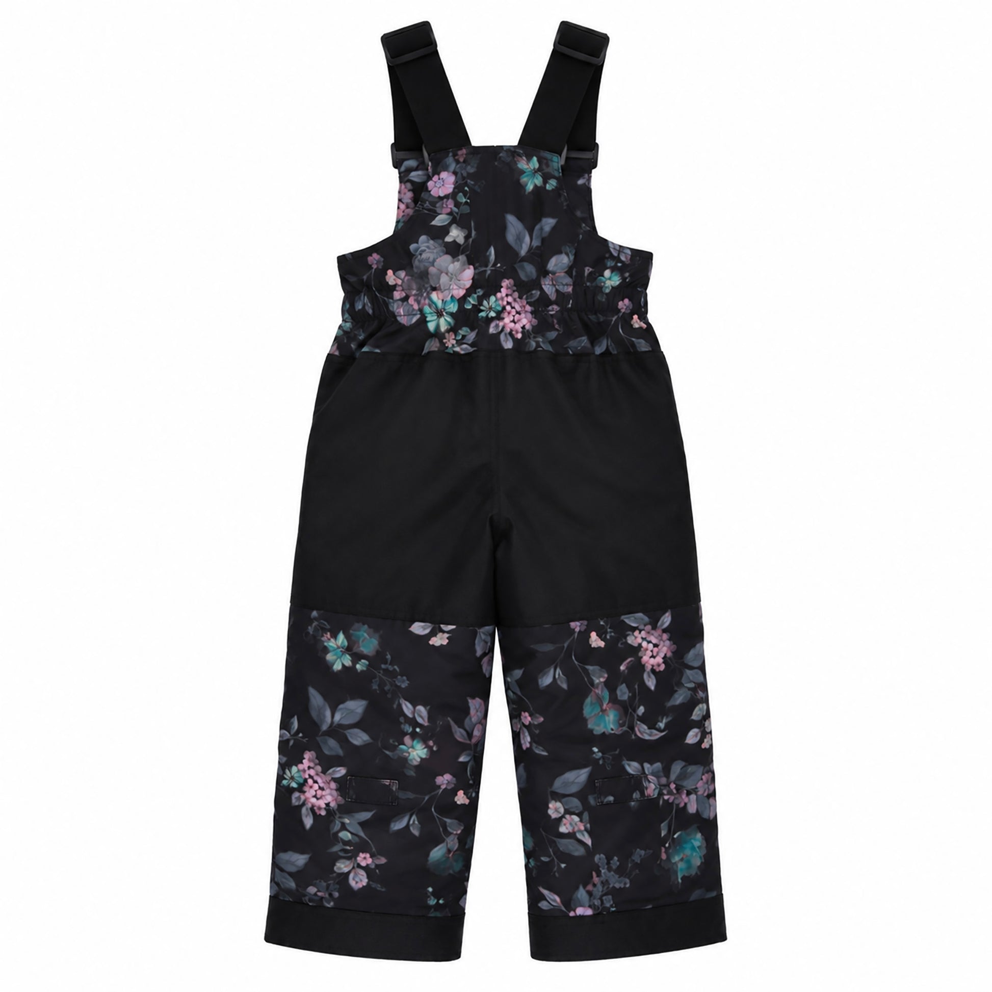 Habit de neige - Peluche & Tartine pantalon de neige noir avec motifs floraux violets et verts, pour enfant, vue de dos.