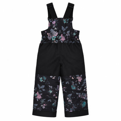 Habit de neige - Peluche & Tartine pantalon de neige noir avec motifs floraux violets et verts, pour enfant, vue de dos.