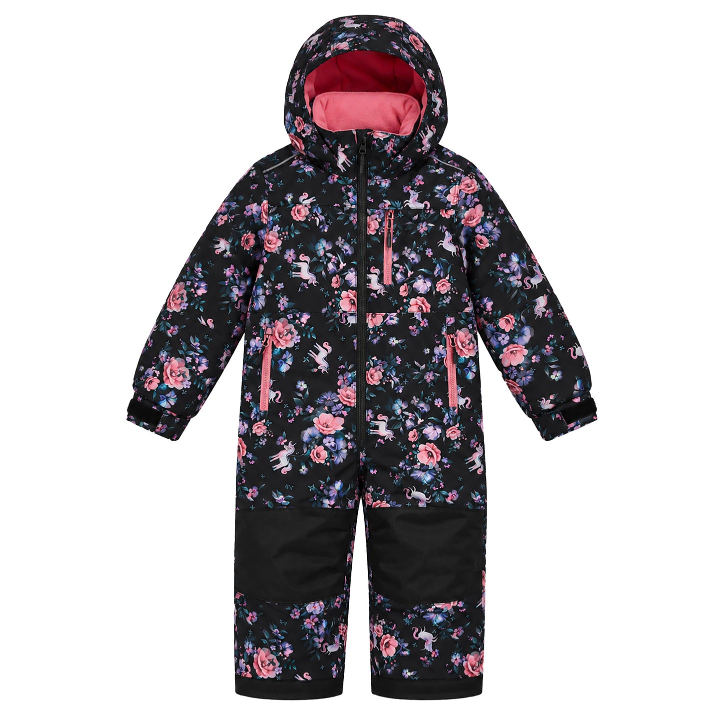 Habit de neige 1 Pièce - Peluche & Tartine noir à motifs floraux roses et bleus, doublure rose, pour enfant, vue de face