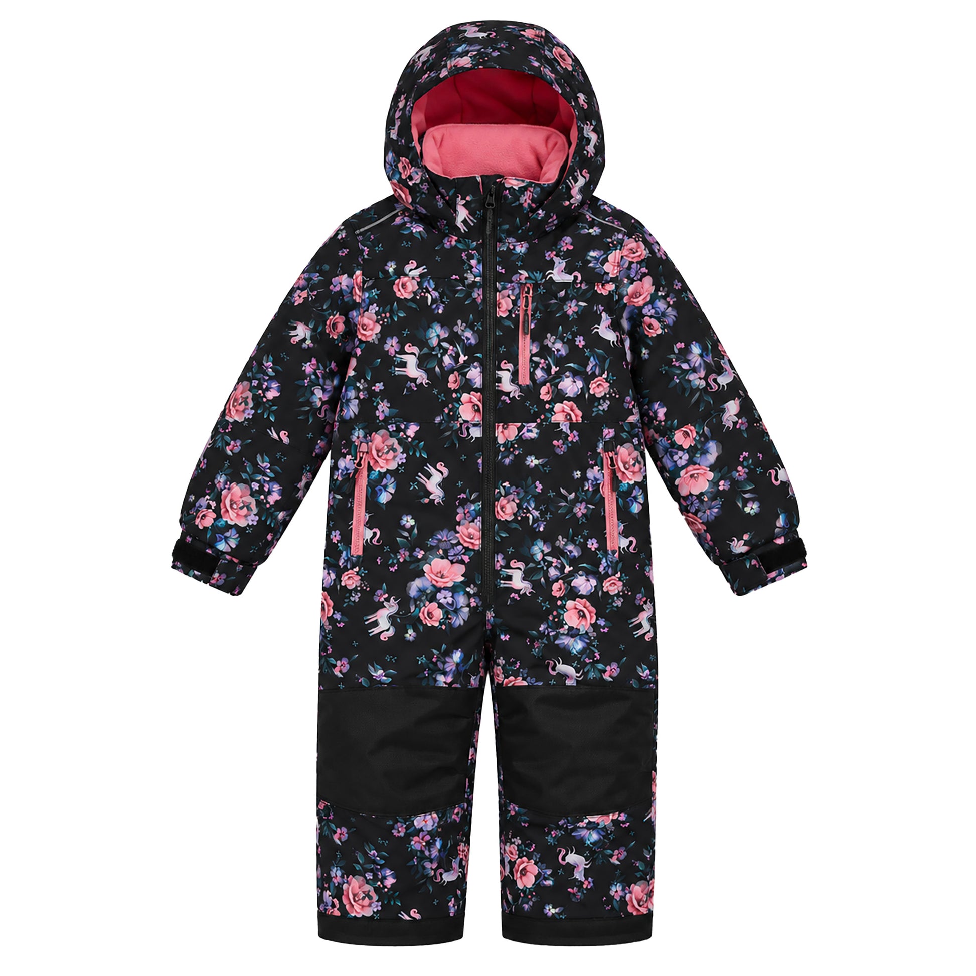 Habit de neige 1 Pièce - Peluche & Tartine noir à motifs floraux roses et bleus, doublure rose, pour enfant, vue de face