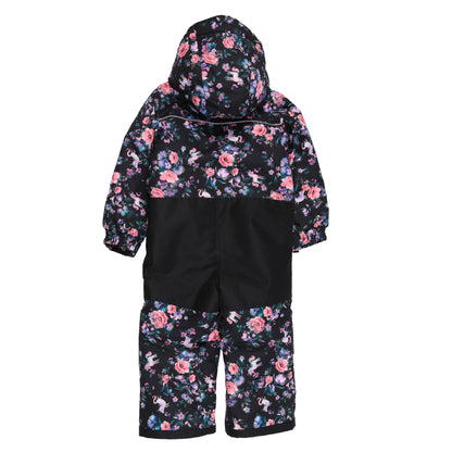 Habit de neige 1 Pièce - Peluche & Tartine à capuche, motif floral rose et violet sur fond noir, renforts noirs, pour enfant, vue de dos.
