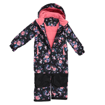 Habit de neige 1 Pièce - Peluche & Tartine à motifs floraux roses et violets sur fond noir, intérieur rose, combinaison en une pièce pour enfant, vue de face ouverte.
