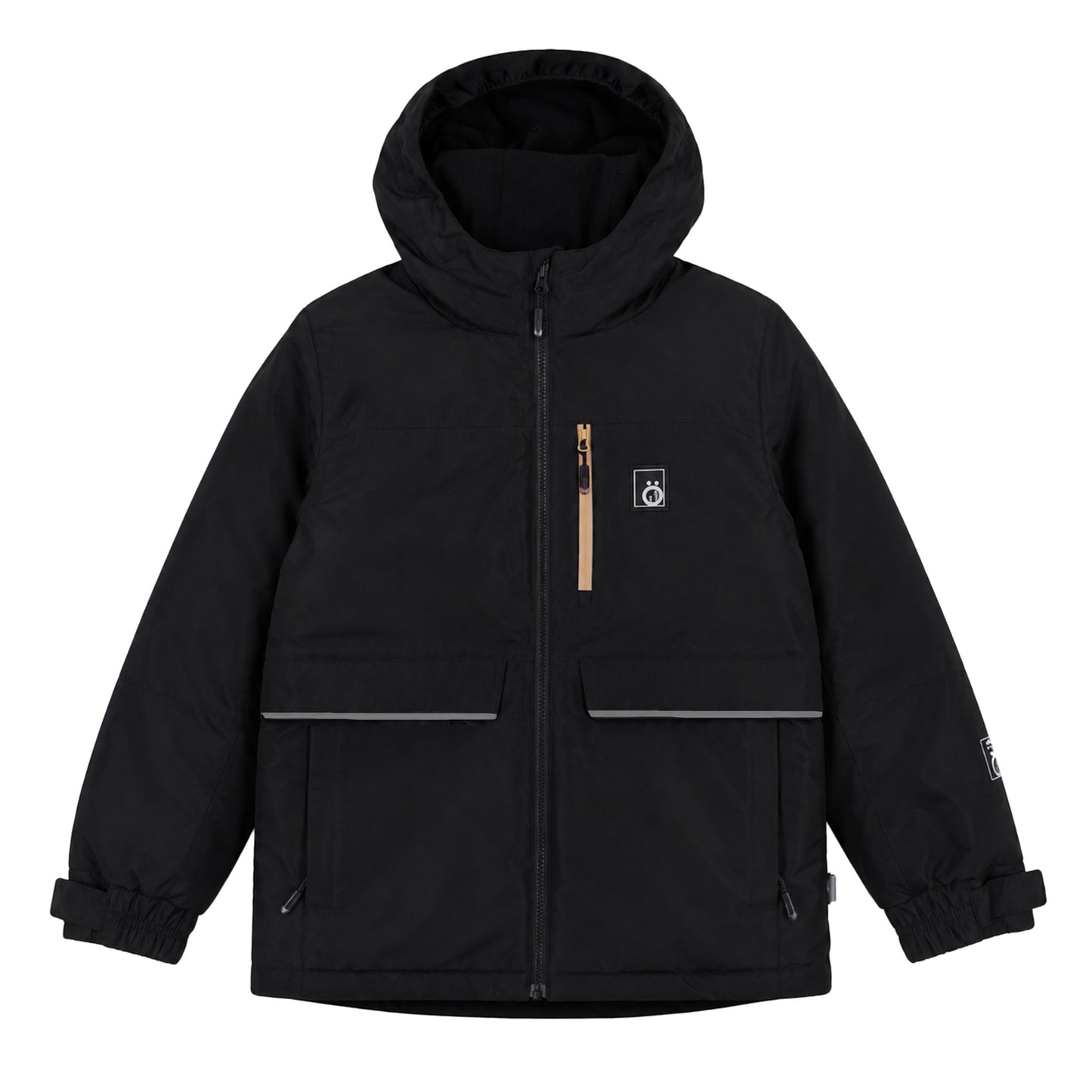 Manteau d'hiver - Snö noir avec capuche intégrée, fermeture zippée et poches avant, pour enfant, vue de face.