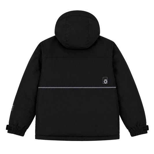 Manteau d'hiver - Snö noir avec capuche, détail réfléchissant gris, matériau isolant, pour enfant, vue de dos.