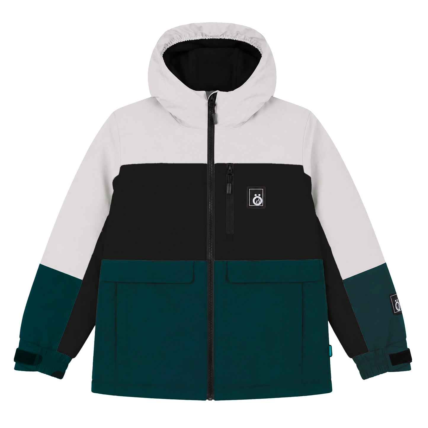 Manteau d'hiver - Snö bicolore blanc, noir et bleu canard, style à capuche avec fermeture zippée, pour enfant, vue de face.