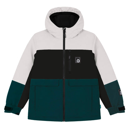 Manteau d'hiver - Snö bicolore blanc, noir et bleu canard, style à capuche avec fermeture zippée, pour enfant, vue de face.
