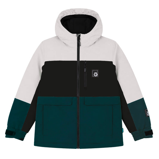 Manteau d'hiver - Snö bicolore blanc, noir et bleu canard, style à capuche avec fermeture zippée, pour enfant, vue de face.