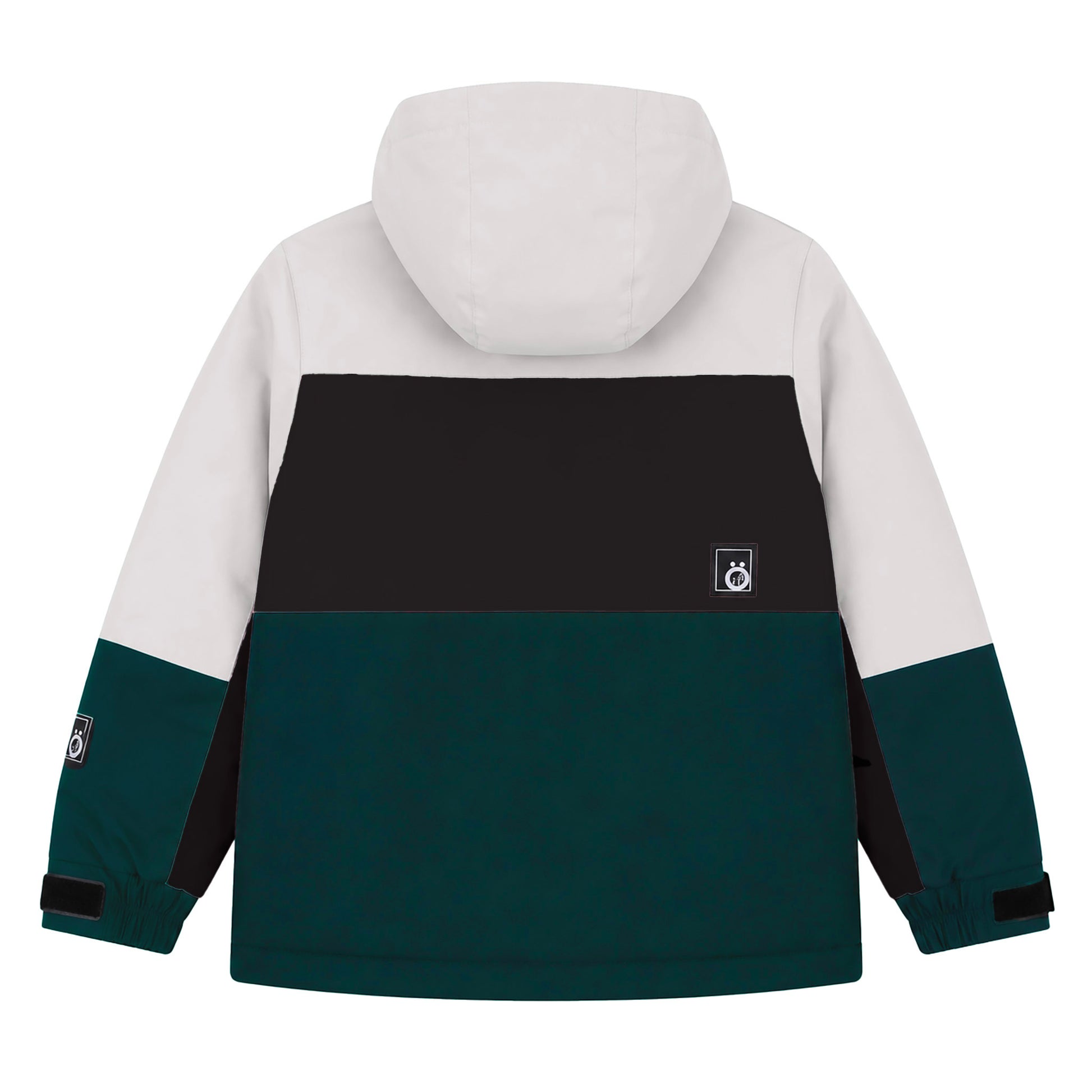 Manteau d'hiver - Snö coupe-vent à capuche, coloris blanc cassé, noir et vert foncé, pour enfant, vue de dos.