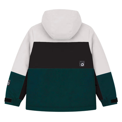 Manteau d'hiver - Snö coupe-vent à capuche, coloris blanc cassé, noir et vert foncé, pour enfant, vue de dos.