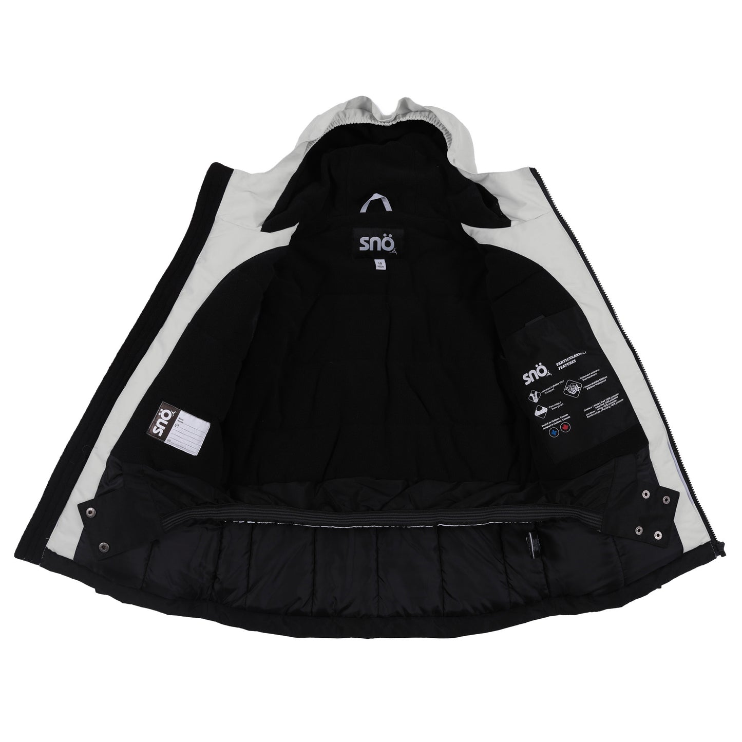 Manteau d'hiver - Snö noir et blanc, doublure intérieure en tissu isolant, adapté enfant, vue de l'intérieur ouvert sur fond blanc.