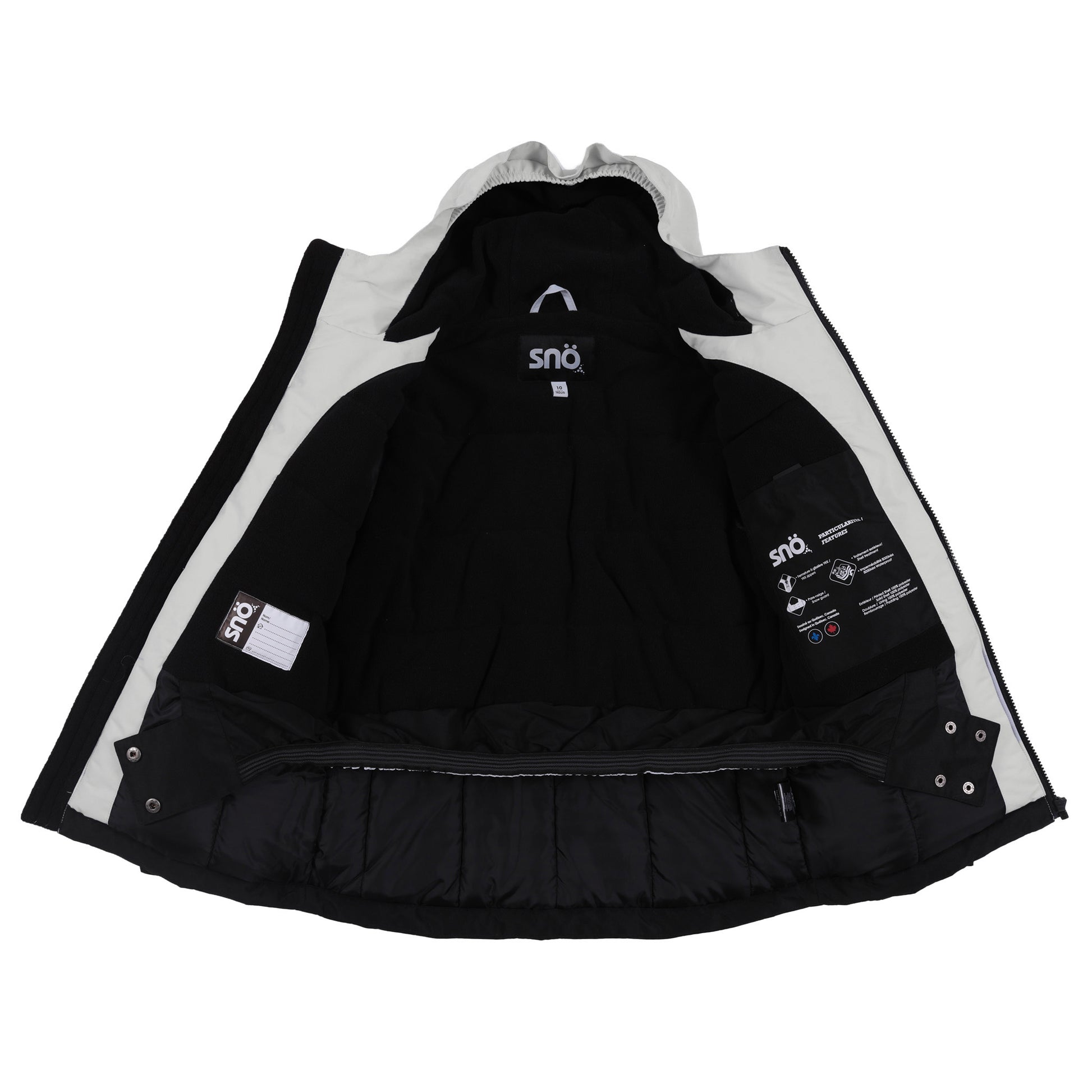 Manteau d'hiver - Snö noir et blanc, doublure intérieure en tissu isolant, adapté enfant, vue de l'intérieur ouvert sur fond blanc.