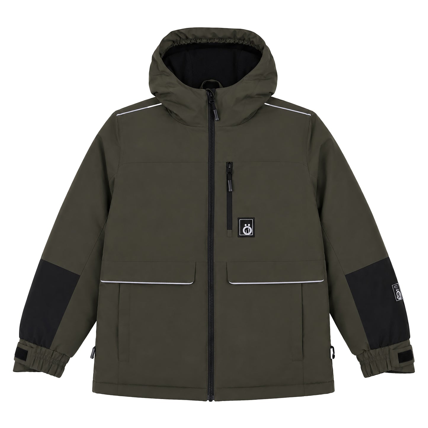 Manteau d'hiver - Snö kaki avec détails noirs et réflecteurs blancs, style moderne, matière imperméable, pour enfant, vue de face sur fond blanc.