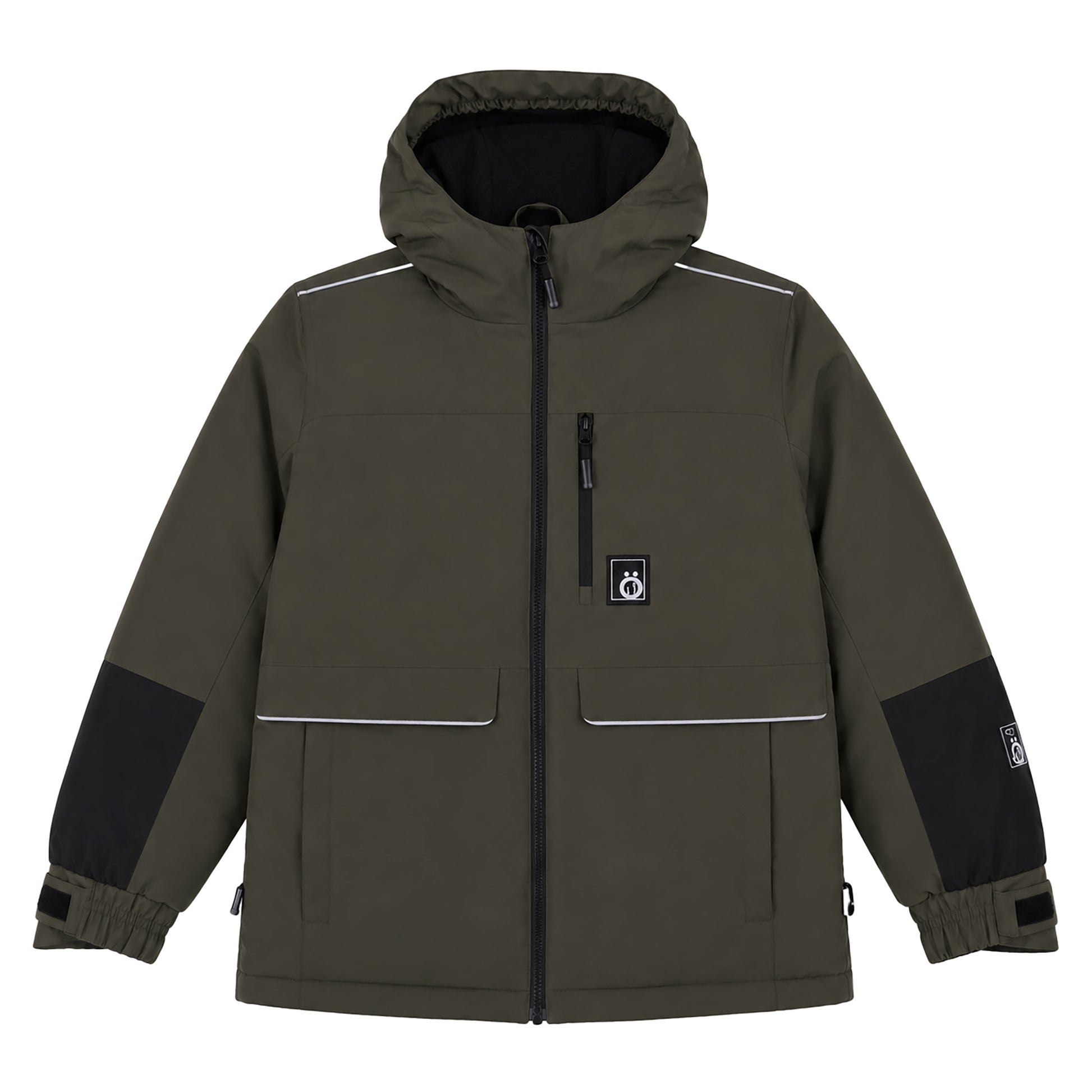 Manteau d'hiver - Snö kaki avec détails noirs et réflecteurs blancs, style moderne, matière imperméable, pour enfant, vue de face sur fond blanc.