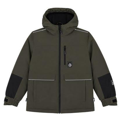Manteau d'hiver - Snö kaki avec détails noirs et réflecteurs blancs, style moderne, matière imperméable, pour enfant, vue de face sur fond blanc.