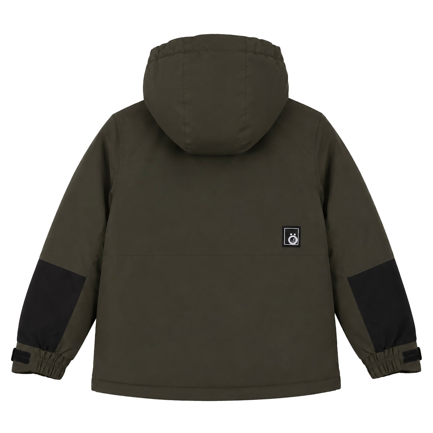 Manteau d'hiver - Snö kaki avec détails noirs sur les manches, isolant, pour enfant, vue de dos avec capuche.