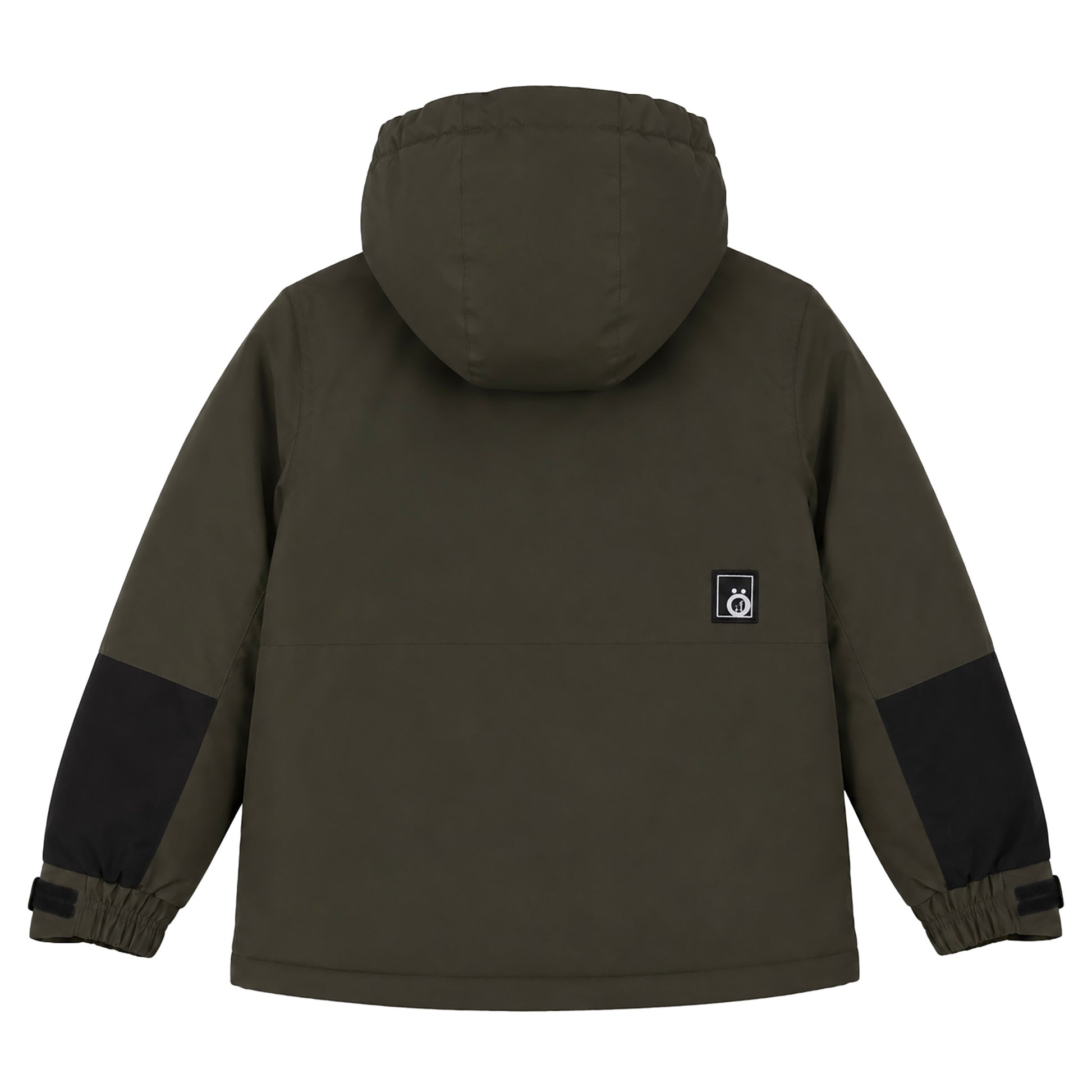 Manteau d'hiver - Snö kaki avec détails noirs sur les manches, isolant, pour enfant, vue de dos avec capuche.
