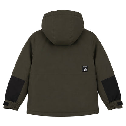 Manteau d'hiver - Snö kaki avec détails noirs sur les manches, isolant, pour enfant, vue de dos avec capuche.