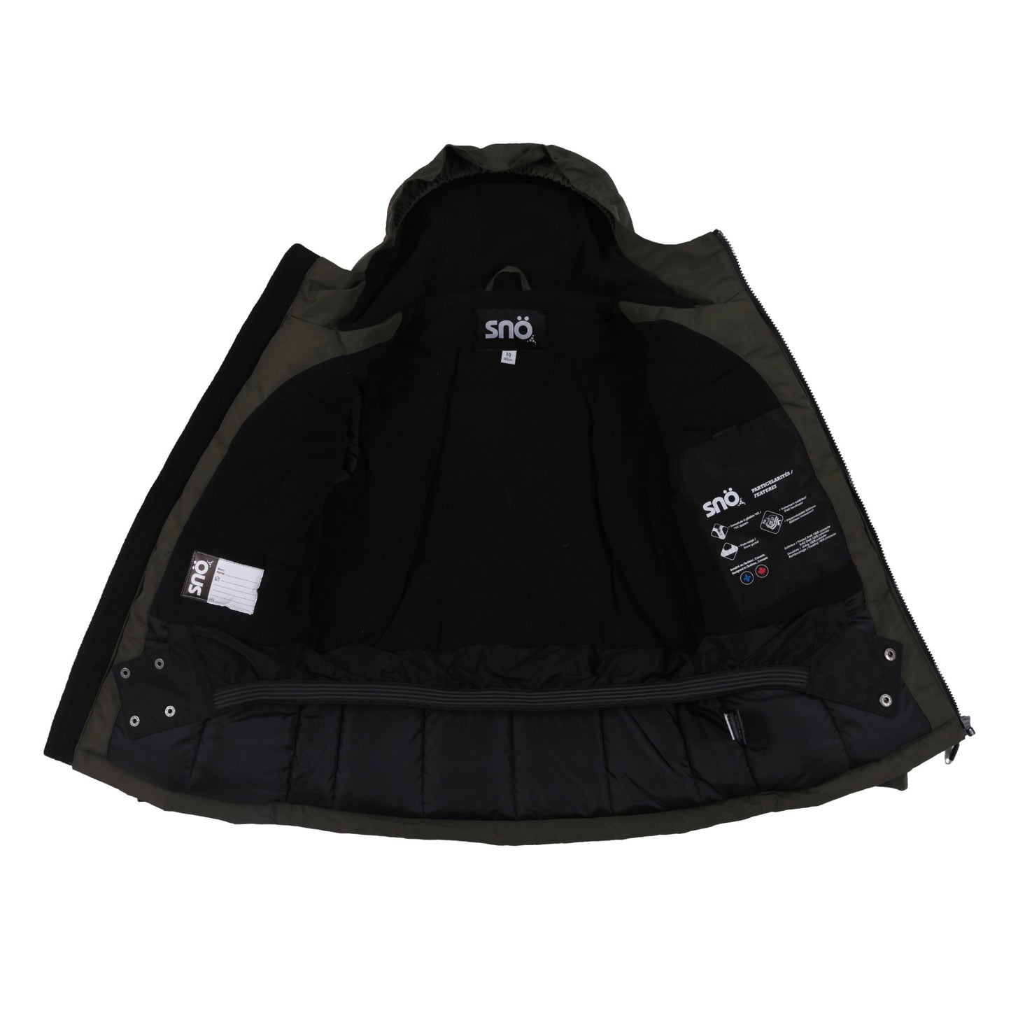 Manteau d'hiver - Snö ouvert montrant la doublure intérieure noire, détails techniques et poche intérieure, vue en plongée, couleur kaki extérieur.