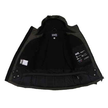 Manteau d'hiver - Snö ouvert montrant la doublure intérieure noire, détails techniques et poche intérieure, vue en plongée, couleur kaki extérieur.