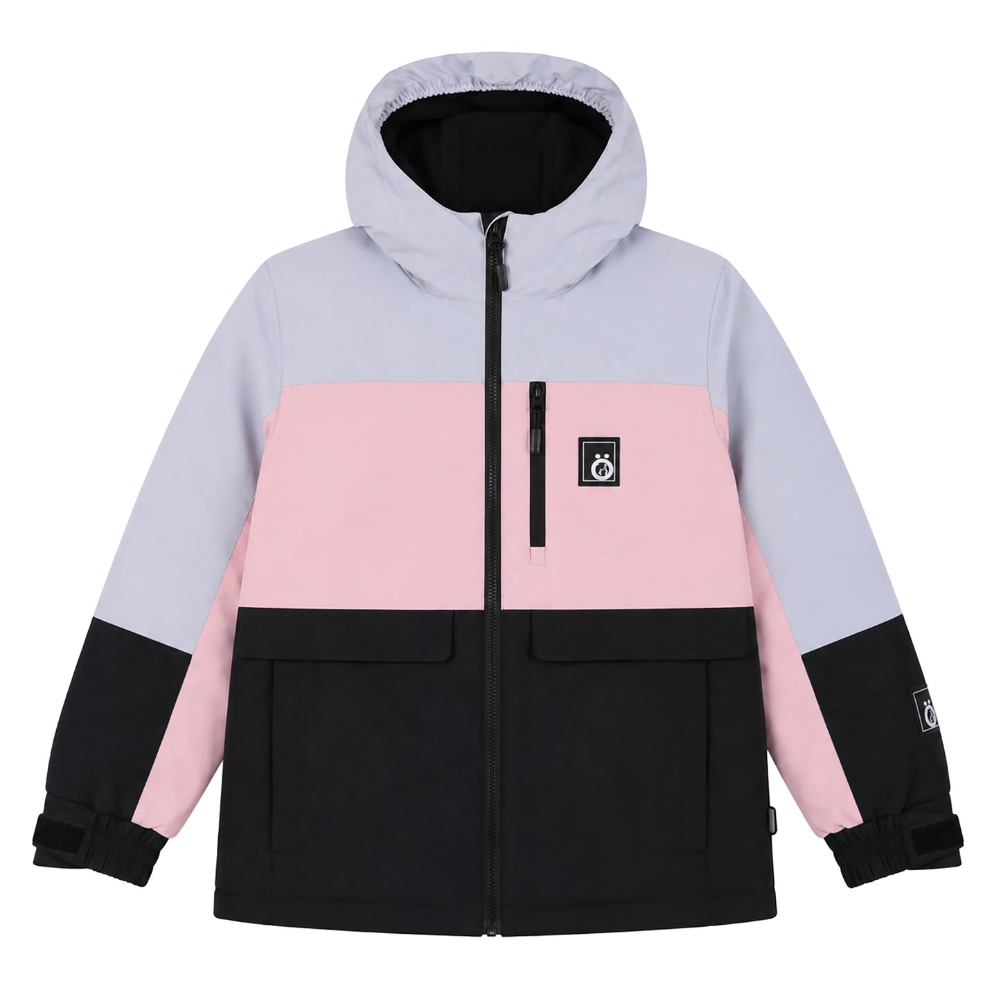 Manteau d'hiver - Snö tricolore gris clair, rose et noir, style coupe-vent à capuche, pour enfant, vue de face.